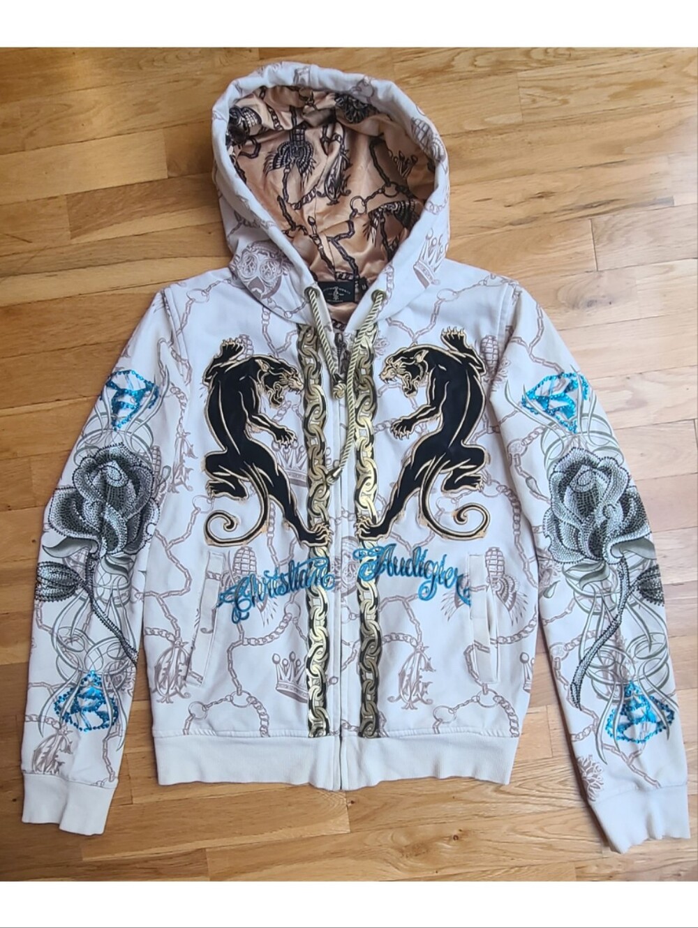 Christian Audigier Panther Zip Hoodie Ivory Large Y2K Rare Vintage Streetwear